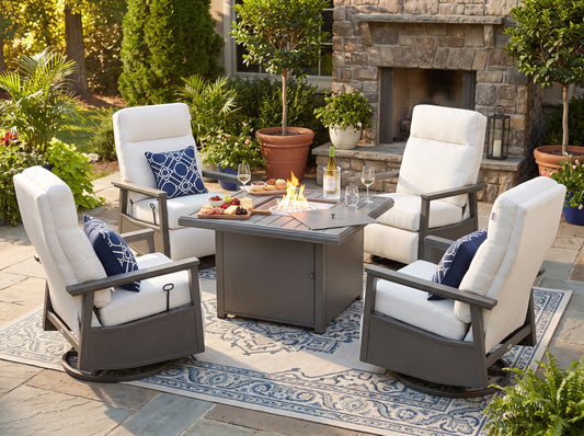 Huntington Outdoor Firepit Set | 4PC Aluminum Swivel Glider Recliners with Firepit Table in Sunbrella® Canvas Canvas
