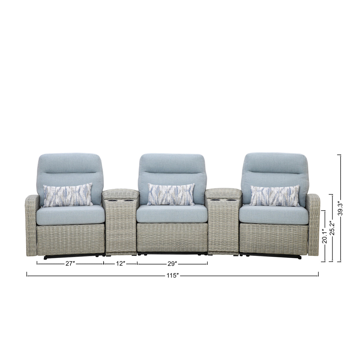 Avalon Outdoor Wicker Theater Reclining Sofa with Consoles | Outdoor Theater Seating