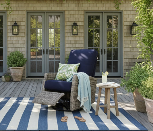Keywest Wicker Outdoor Swivel Glider Recliner in Sunbrella® Canvas Navy