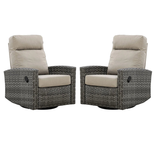 Pair of Malibu II Wicker Outdoor Swivel Glider Recliner in Sunbrella® Canvas Taupe | Patio Lounge Chair x 2