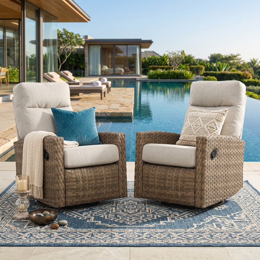 Pair of Newport Wicker Outdoor Swivel Glider Recliner | Patio Lounge Chair x 2