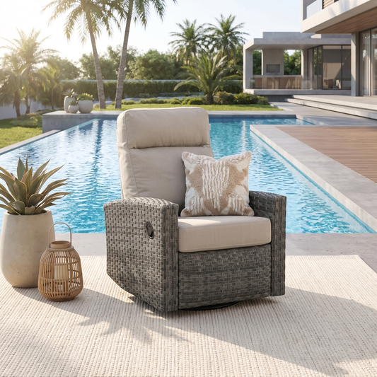 Malibu II Wicker Outdoor Swivel Glider Recliner in Sunbrella® Canvas Taupe | Patio Lounge Chair