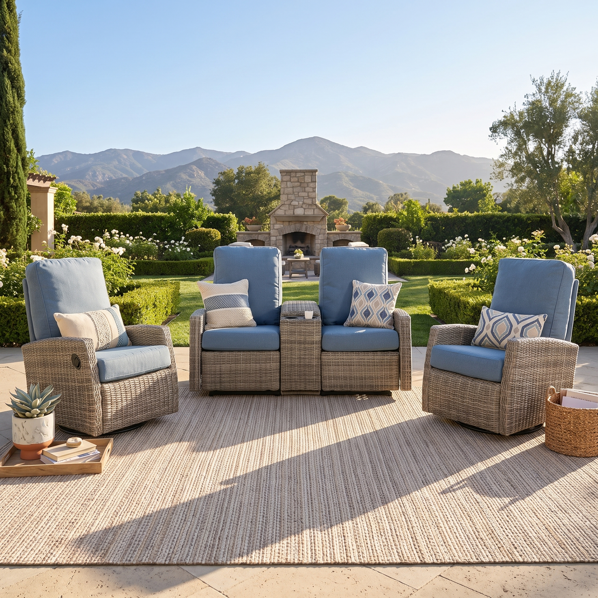 Keywest reclining loveseat conversation set with a pair of recliners on a garden patio