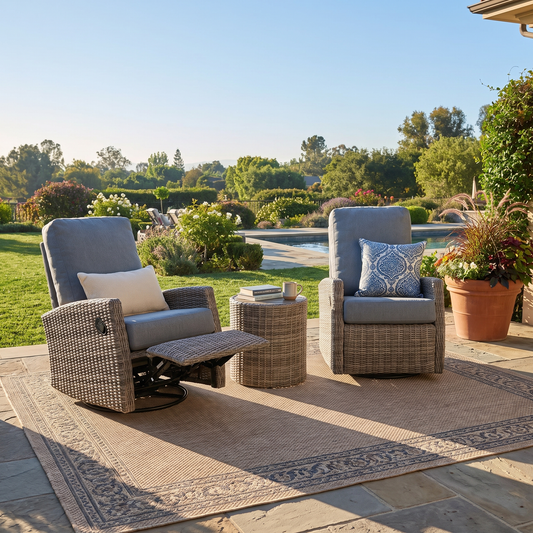 Keywest Wicker Outdoor Swivel Glider Recliner Bistro Set | Patio Lounge Chair x 2 with Matching Side Table