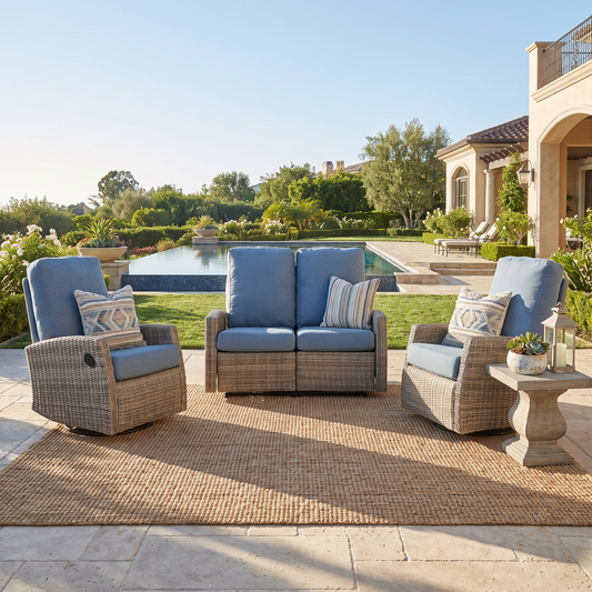 Keywest Outdoor Wicker Reclining Loveseat Conversation Set with a pair of recliners- Dove Grey & Carolina Blue