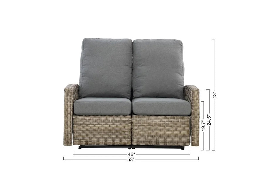 Keywest reclining loveseat front view with dimensions