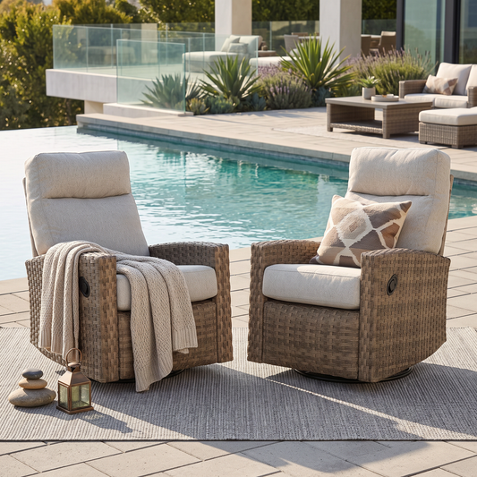 Pair of Newport wicker swivel glider recliners on a patio