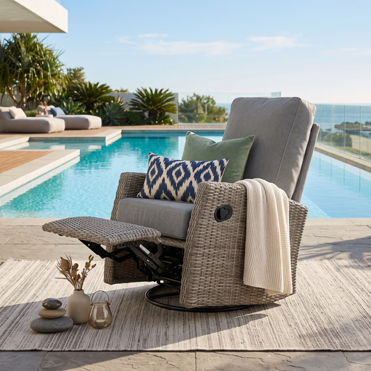 Keywest wicker swivel glider recliner beside a pool, set up and ready to use