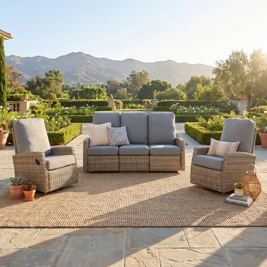 Grey Keywest wicker reclining sofa set on a rug with a garden view