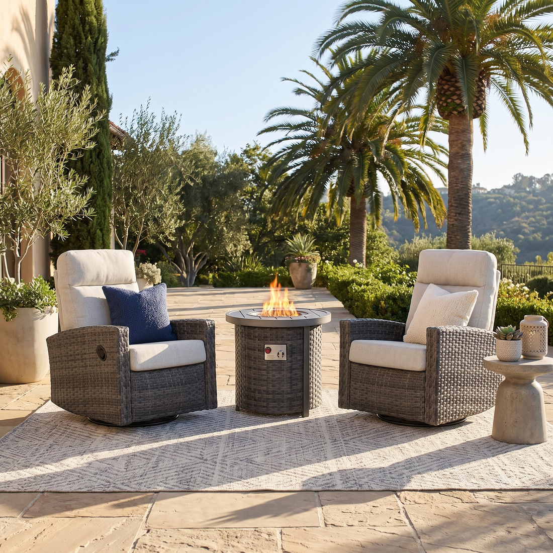 Malibu II firepit bistro set: two wicker swivel glider recliners and a round wicker fire table