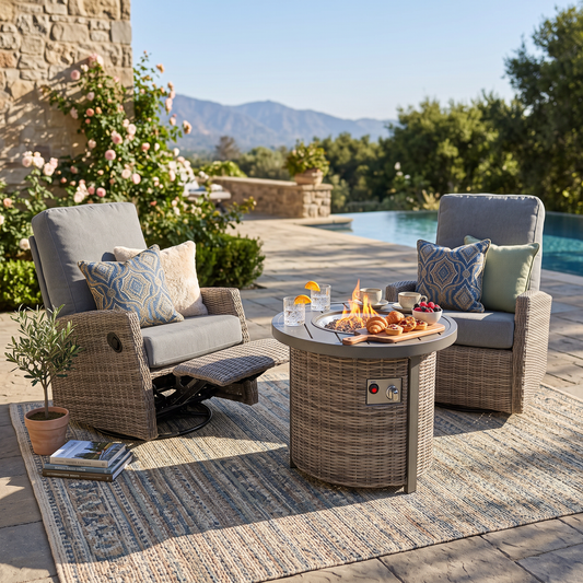 Keywest wicker swivel glider recliners and a fire pit table with food and drinks beside a pool