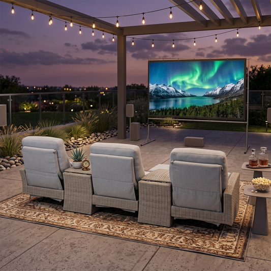 Avalon Outdoor Wicker Theater Reclining Sofa with Consoles | Outdoor Theater Seating