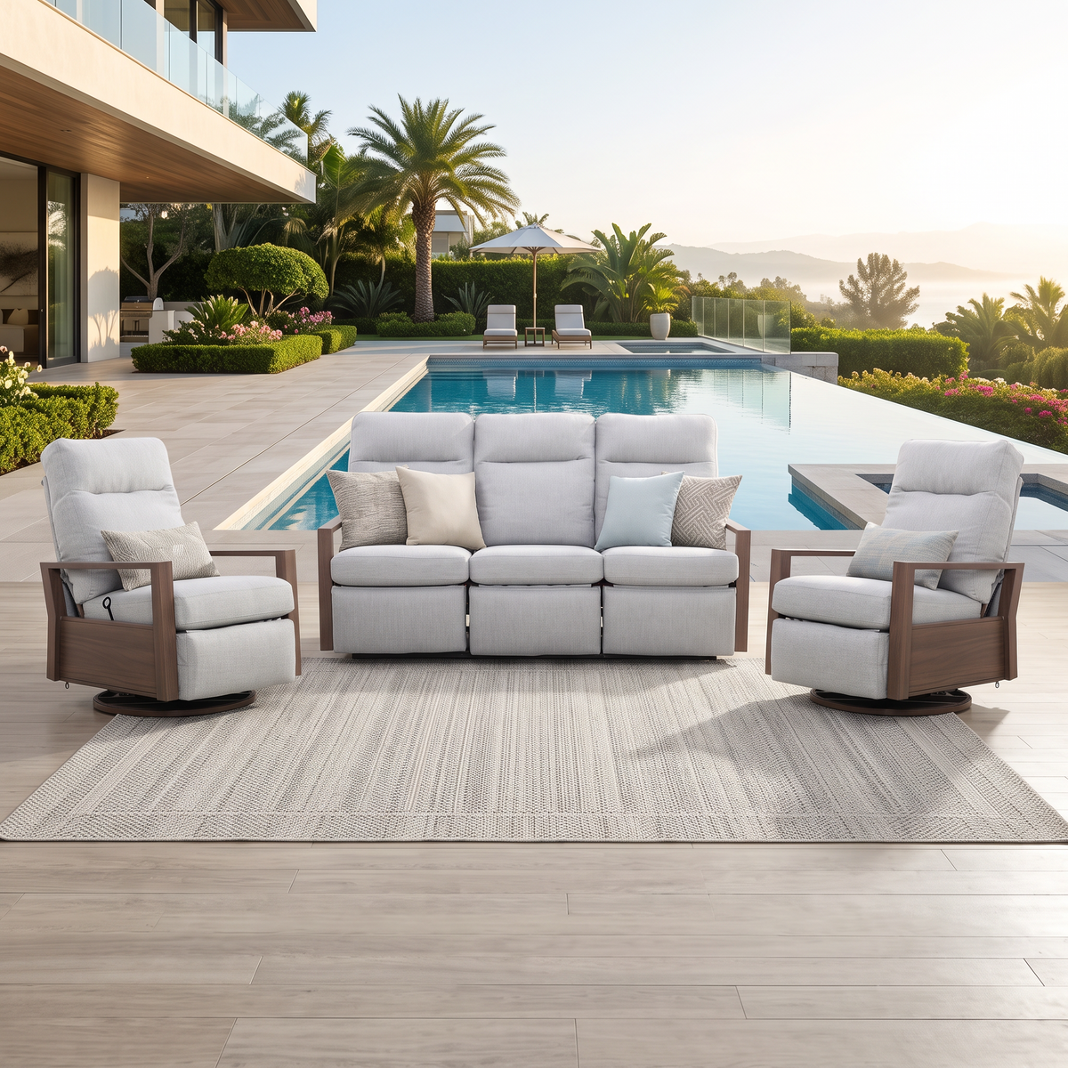Shoreline 5-Seat Patio Aluminum Reclining Sofa Conversation Set with Pair of Recliners in Steeple Gray | Outdoor Set
