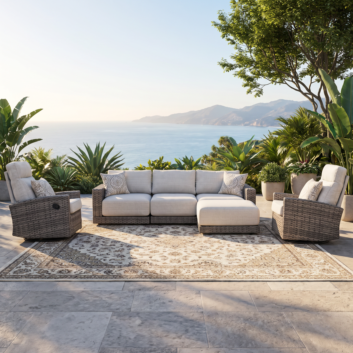Malibu II 6-piece Patio Wicker Modular Sofa Set with Ottoman and Swivel Glider Recliners | Outdoor Set