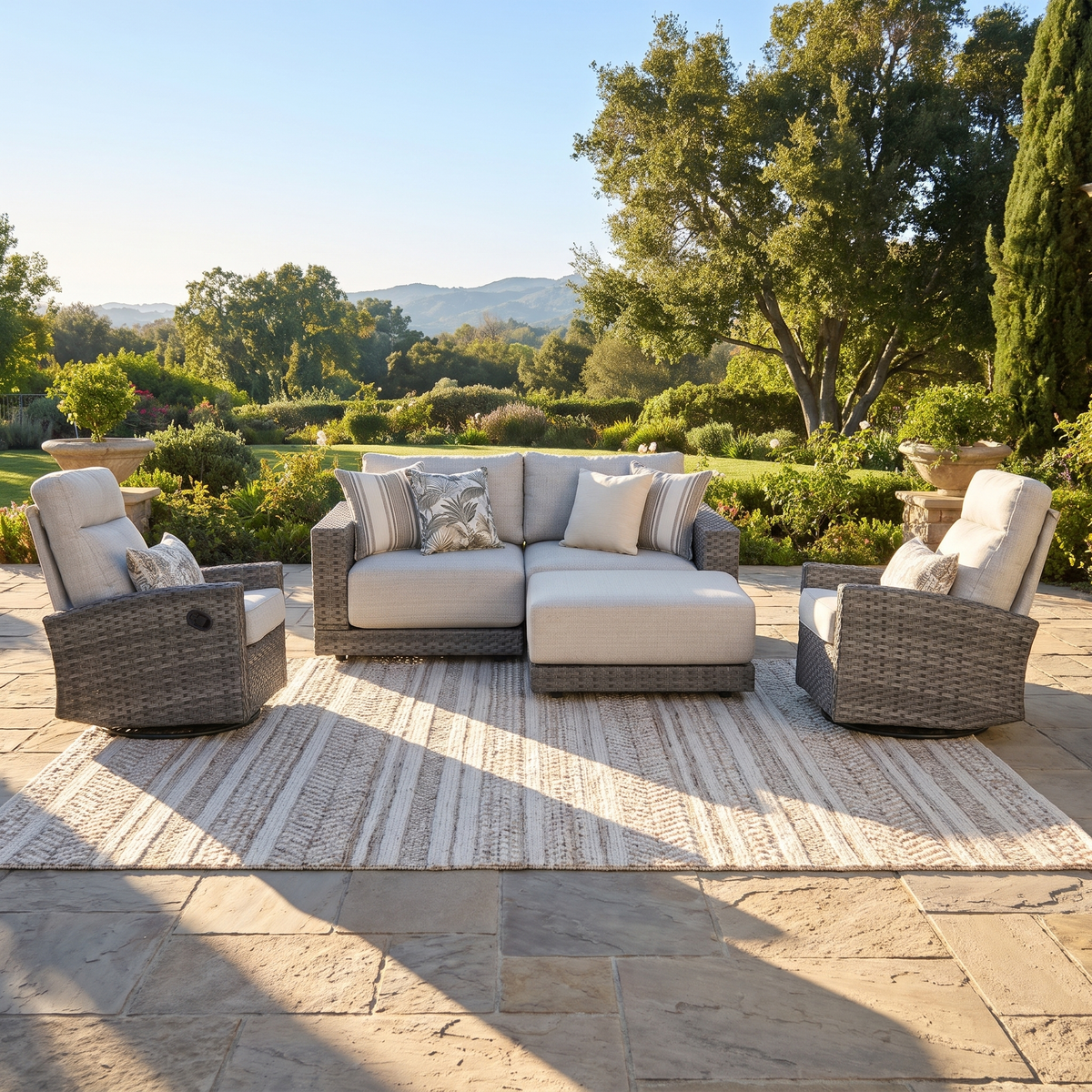 Malibu II 5-piece Patio Wicker Modular Loveseat Set with Ottoman and Swivel Glider Recliners | Outdoor Set