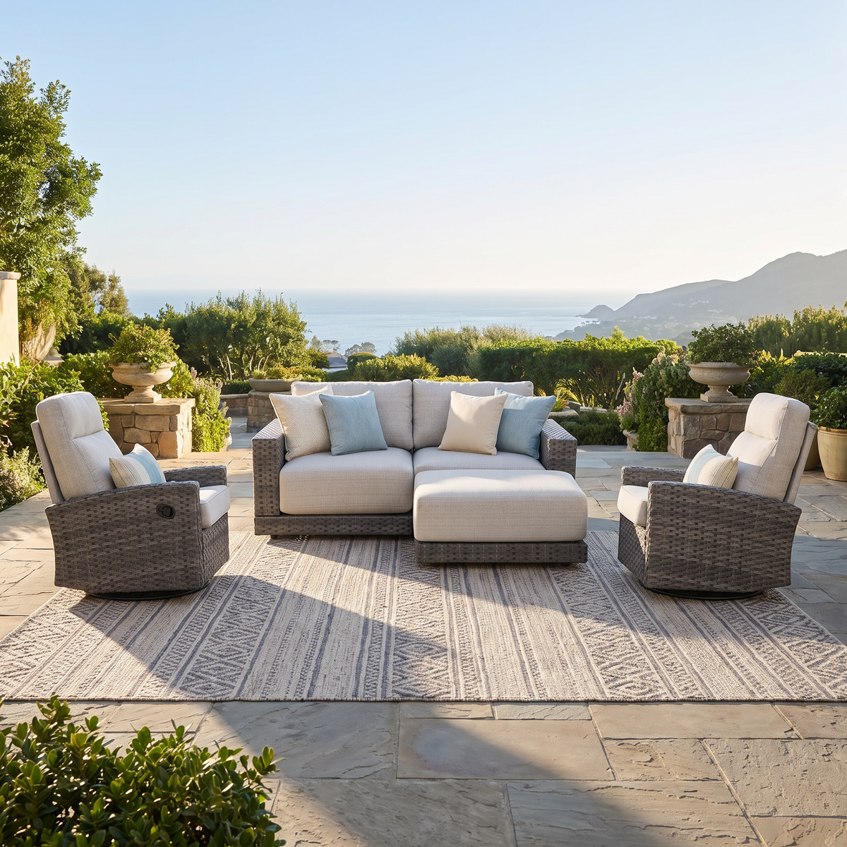 Malibu II 5-piece Patio Wicker Modular Loveseat Set with Ottoman and Swivel Glider Recliners | Outdoor Set