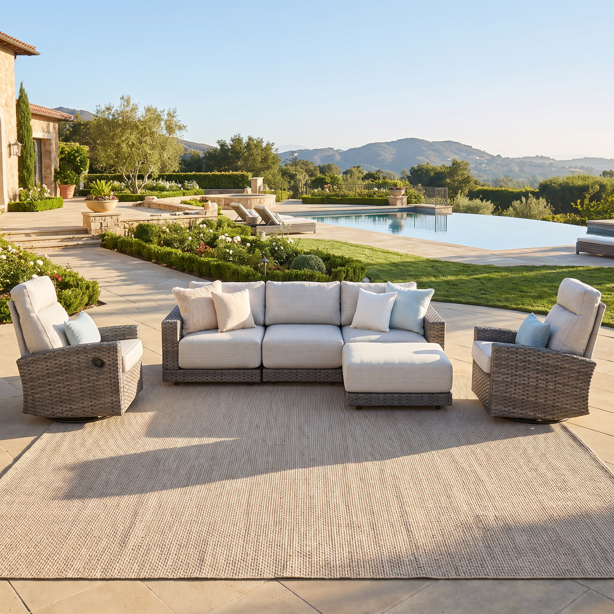 Malibu II 6-piece Patio Wicker Modular Sofa Set with Ottoman and Swivel Glider Recliners | Outdoor Set