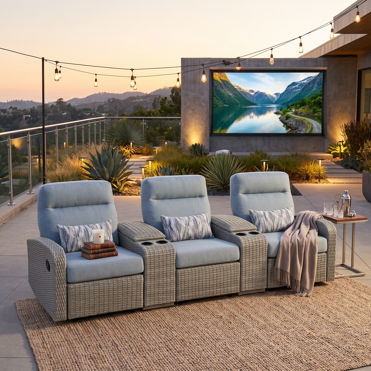 Avalon Outdoor Wicker Theater Reclining Sofa with Consoles | Outdoor Theater Seating