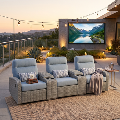 Avalon Outdoor Wicker Theater Reclining Sofa with Consoles | Outdoor Theater Seating