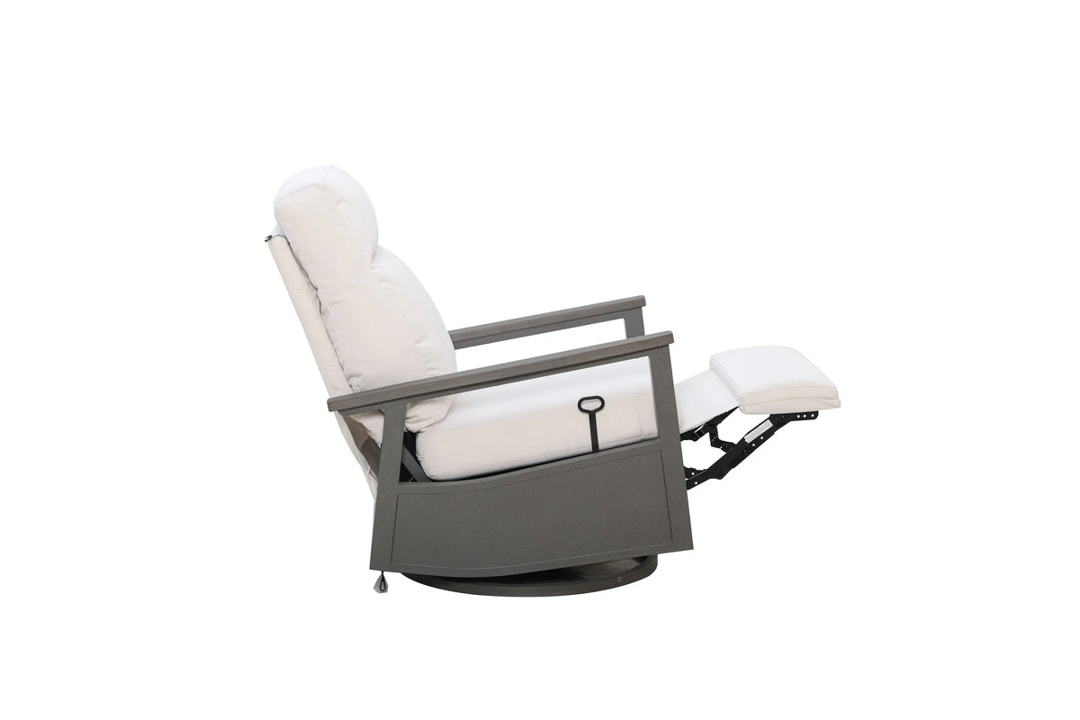 Huntington Outdoor Firepit Set | 4PC Aluminum Swivel Glider Recliners with Firepit Table in Sunbrella® Canvas Canvas