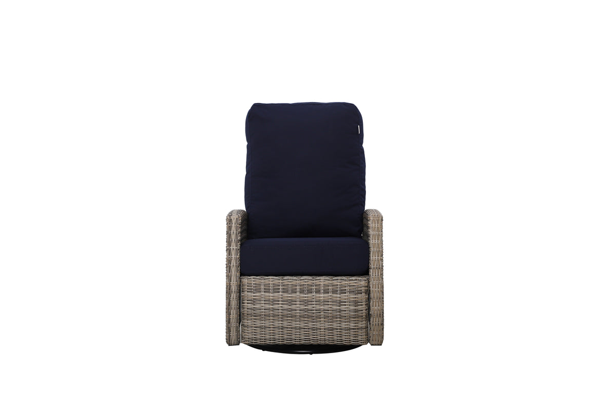 Keywest Outdoor Wicker Reclining Console Loveseat Conversation Set with a pair of recliners in Sunbrella® Navy | Outdoor Sofa Set