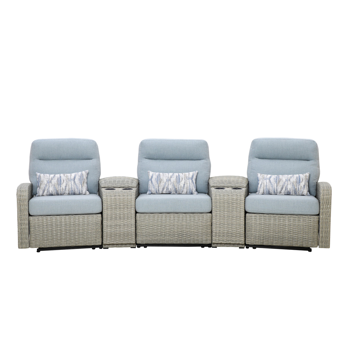 Avalon Outdoor Wicker Theater Reclining Sofa with Consoles | Outdoor Theater Seating