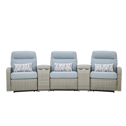 Avalon Outdoor Wicker Theater Reclining Sofa with Consoles | Outdoor Theater Seating