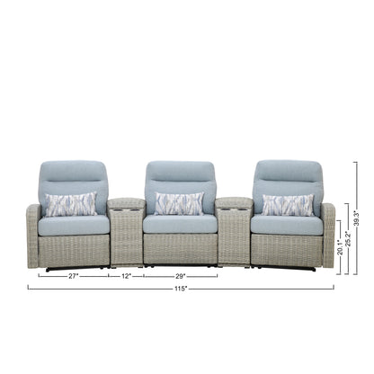 Avalon Outdoor Wicker Theater Reclining Sofa with Consoles | Outdoor Theater Seating