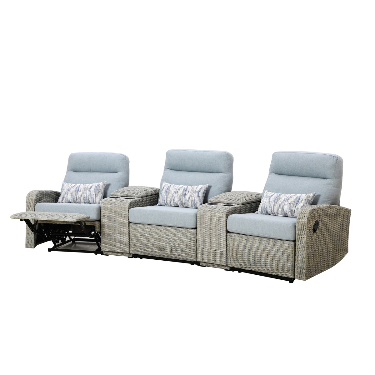 Avalon Outdoor Wicker Theater Reclining Sofa with Consoles | Outdoor Theater Seating