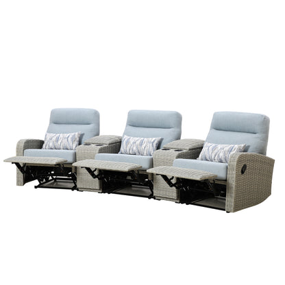 Avalon Outdoor Wicker Theater Reclining Sofa with Consoles | Outdoor Theater Seating