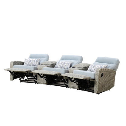 Avalon Outdoor Wicker Theater Reclining Sofa with Consoles | Outdoor Theater Seating
