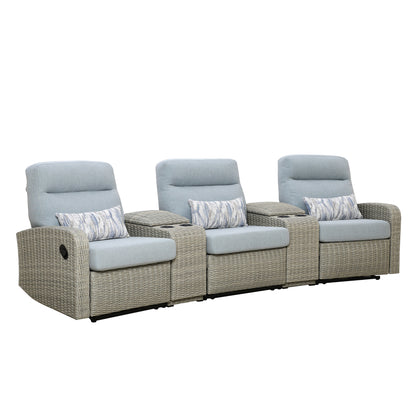 Avalon Outdoor Wicker Theater Reclining Sofa with Consoles | Outdoor Theater Seating