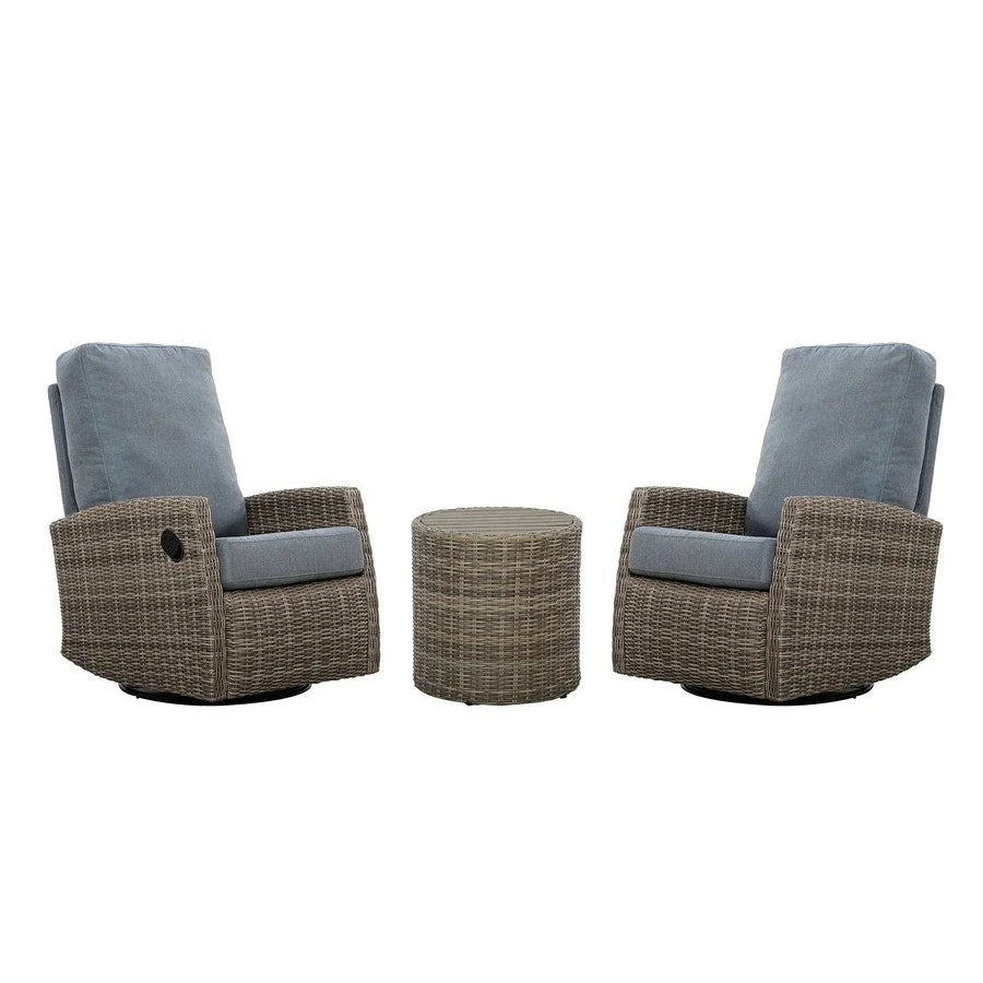 Keywest Wicker Outdoor Swivel Glider Recliner Bistro Set  | Patio Lounge Chair x 2  with Matching Side Table