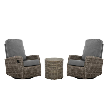 Keywest Wicker Outdoor Swivel Glider Recliner Bistro Set  | Patio Lounge Chair x 2  with Matching Side Table