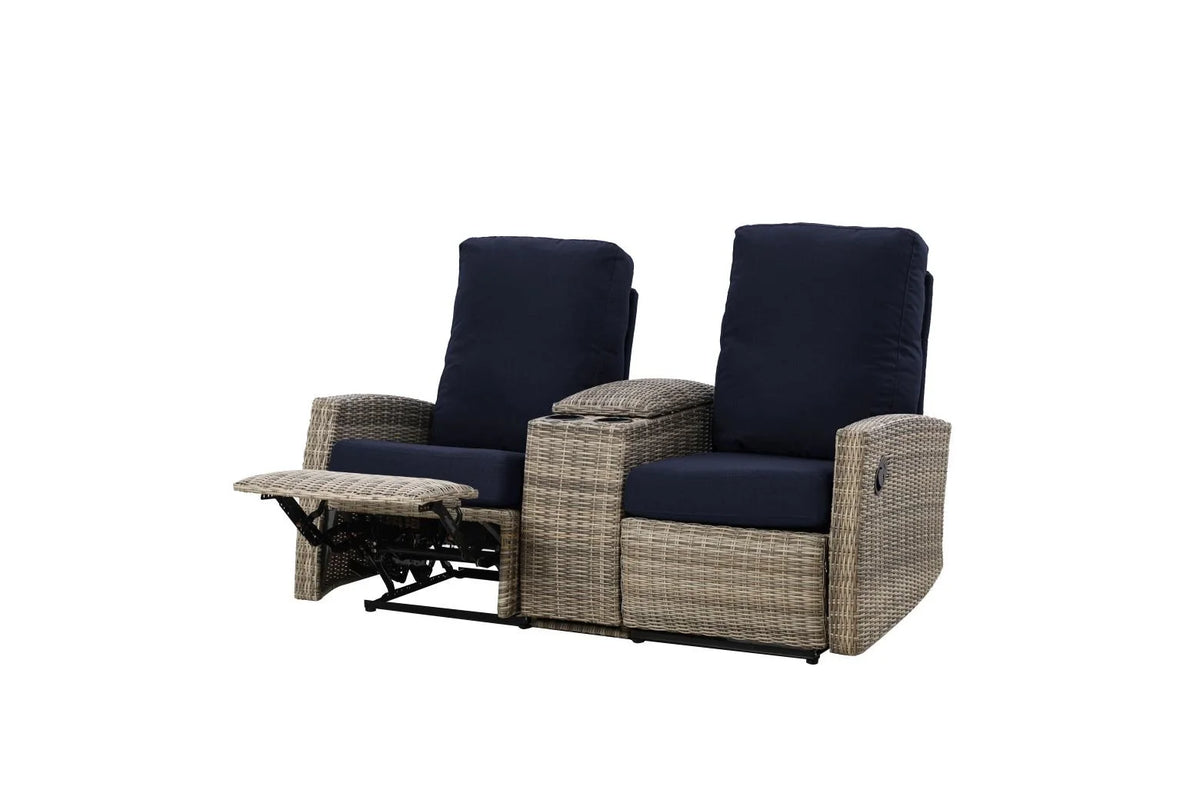 Keywest Outdoor Wicker Reclining Loveseat Sofa with Console in Sunbrella® Canvas Navy