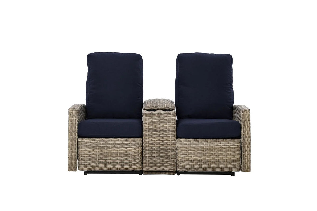 Keywest Outdoor Wicker Reclining Console Loveseat Conversation Set with a pair of recliners in Sunbrella® Navy | Outdoor Sofa Set