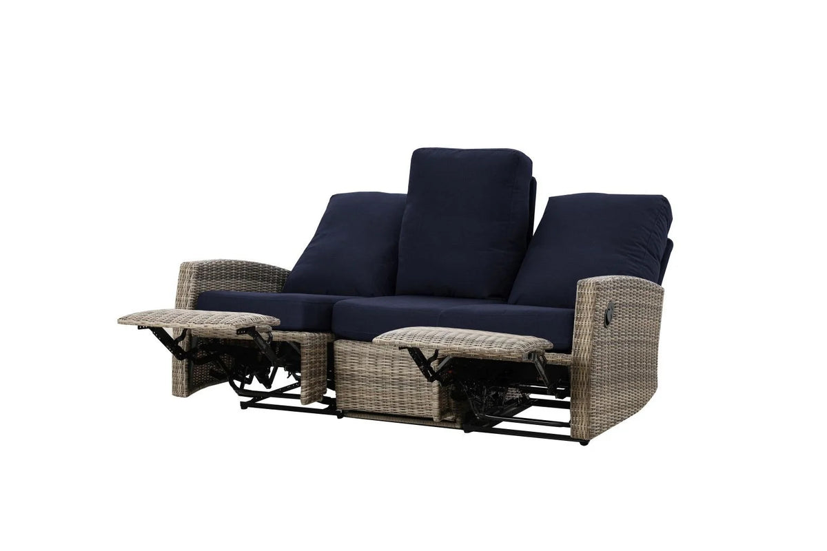 Keywest Outdoor Wicker Reclining Sofa Conversation Set with a pair of recliners in Sunbrella® Navy | Outdoor Sofa Set