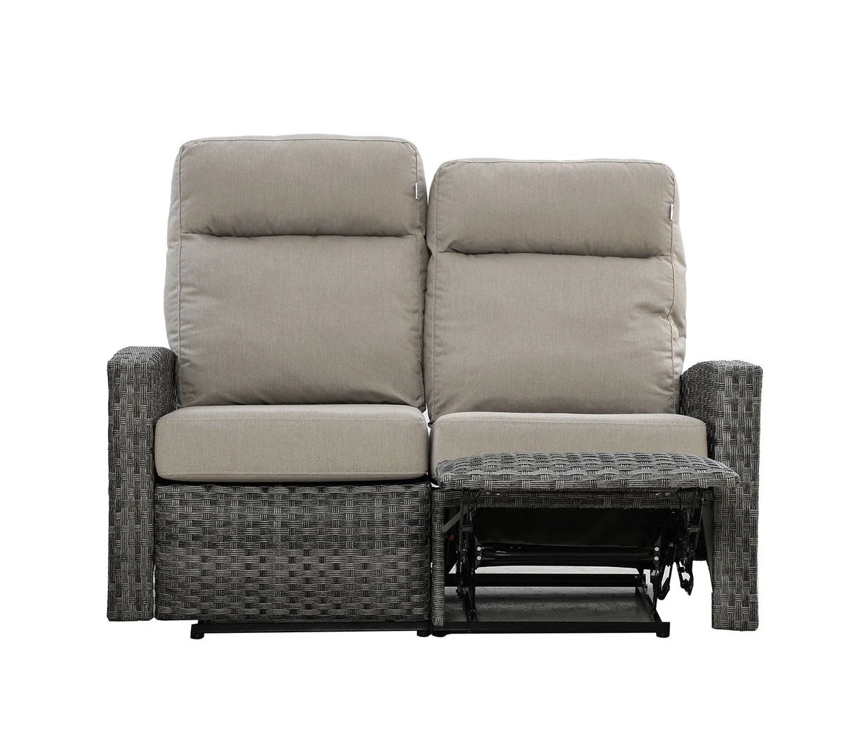 Malibu II Outdoor Wicker Reclining Loveseat Conversation Set with a pair of Recliners in Sunbrella® Canvas Taupe | Outdoor Set