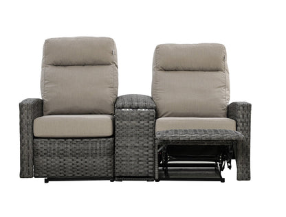 Malibu II Outdoor Wicker Reclining Console Loveseat Conversation Set with a pair of Recliners in Sunbrella® Canvas Taupe | Outdoor Set