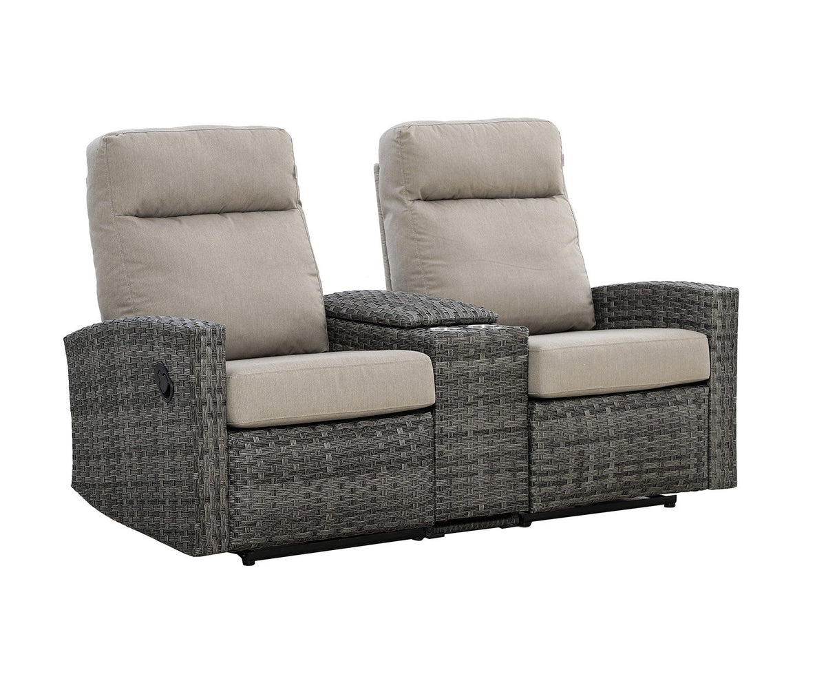 Malibu II Outdoor Wicker Reclining Console Loveseat Conversation Set with a pair of Recliners in Sunbrella® Canvas Taupe | Outdoor Set