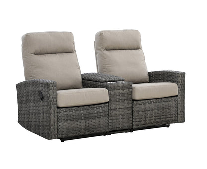 Malibu II Outdoor Wicker Reclining Console Loveseat Conversation Set with a pair of Recliners in Sunbrella® Canvas Taupe | Outdoor Set