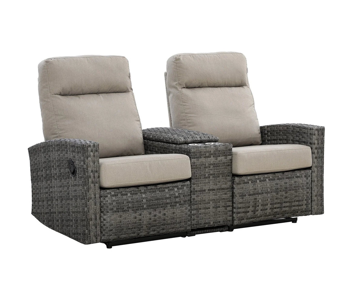 Malibu II Outdoor Wicker Reclining Loveseat Sofa with Console in Sunbrella® Canvas Taupe