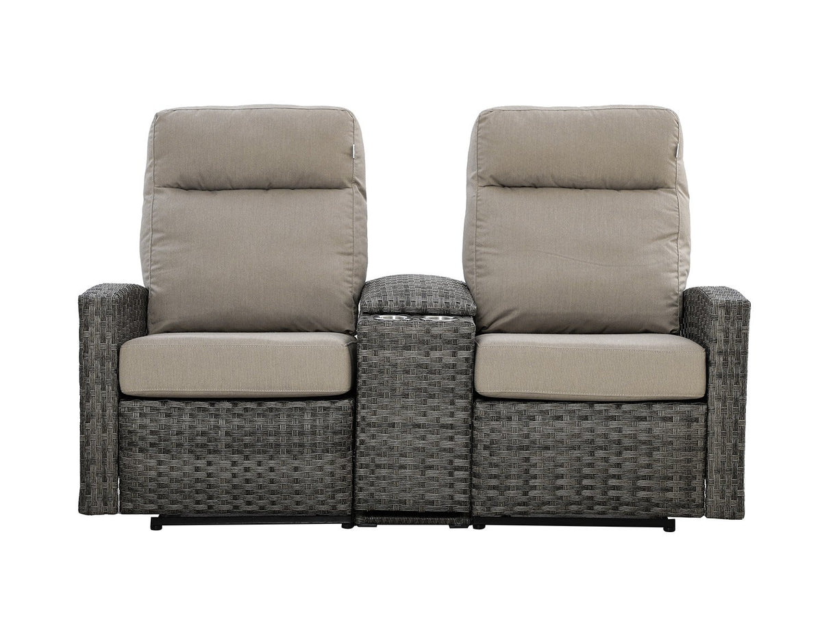 Malibu II Outdoor Wicker Reclining Console Loveseat Conversation Set with a pair of Recliners in Sunbrella® Canvas Taupe | Outdoor Set