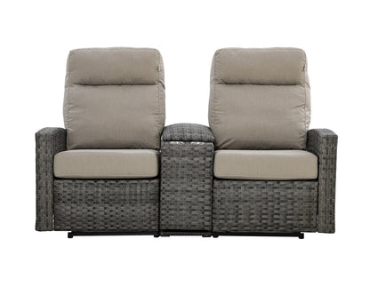 Malibu II Outdoor Wicker Reclining Console Loveseat Conversation Set with a pair of Recliners in Sunbrella® Canvas Taupe | Outdoor Set