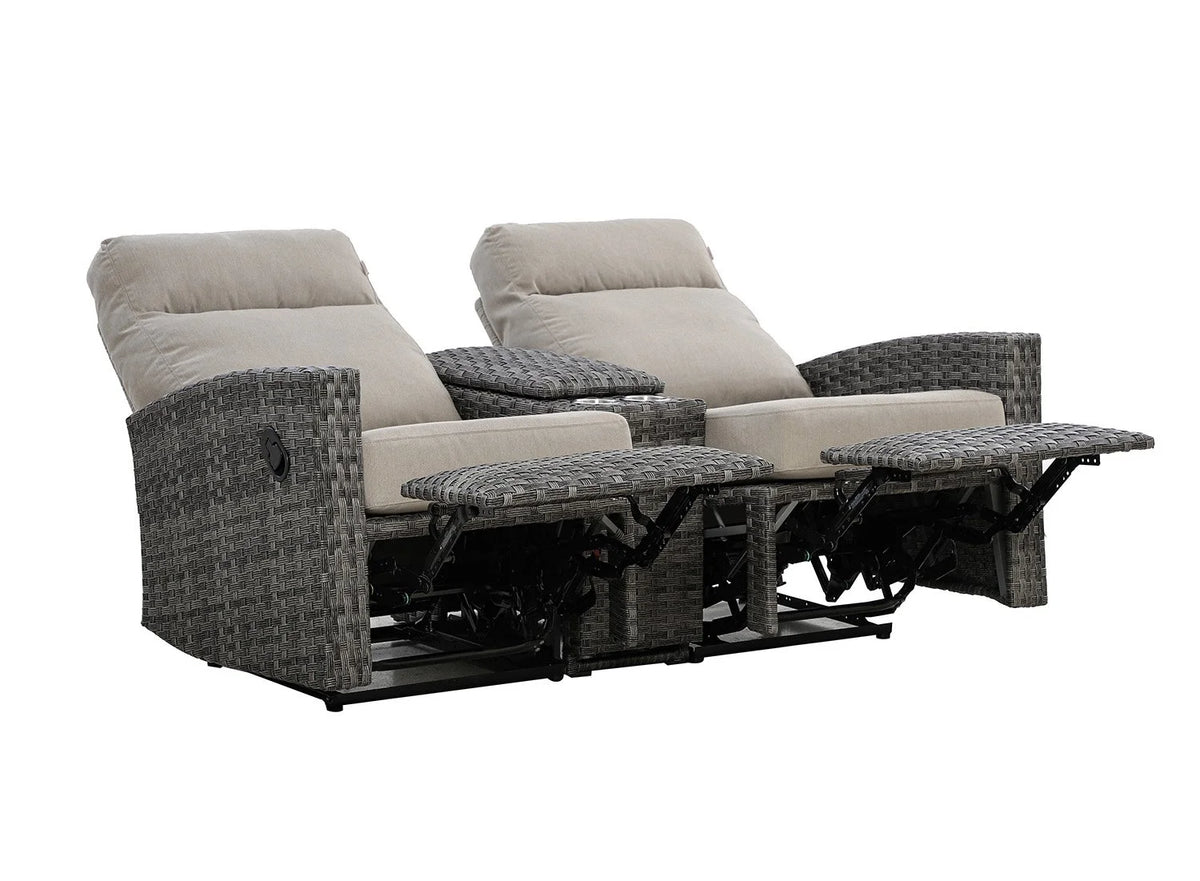 Malibu II Outdoor Wicker Reclining Console Loveseat Conversation Set with a pair of Recliners in Sunbrella® Canvas Taupe | Outdoor Set