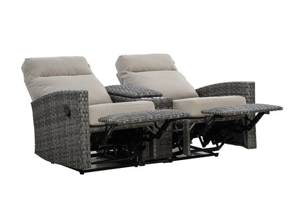 Malibu II Outdoor Wicker Reclining Console Loveseat Conversation Set with a pair of Recliners in Sunbrella® Canvas Taupe | Outdoor Set