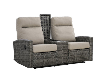 Malibu II Outdoor Wicker Reclining Loveseat Sofa with Console in Sunbrella® Canvas Taupe
