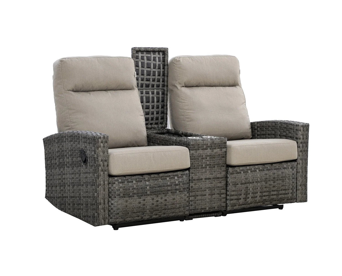 Malibu II Outdoor Wicker Reclining Console Loveseat Conversation Set with a pair of Recliners in Sunbrella® Canvas Taupe | Outdoor Set