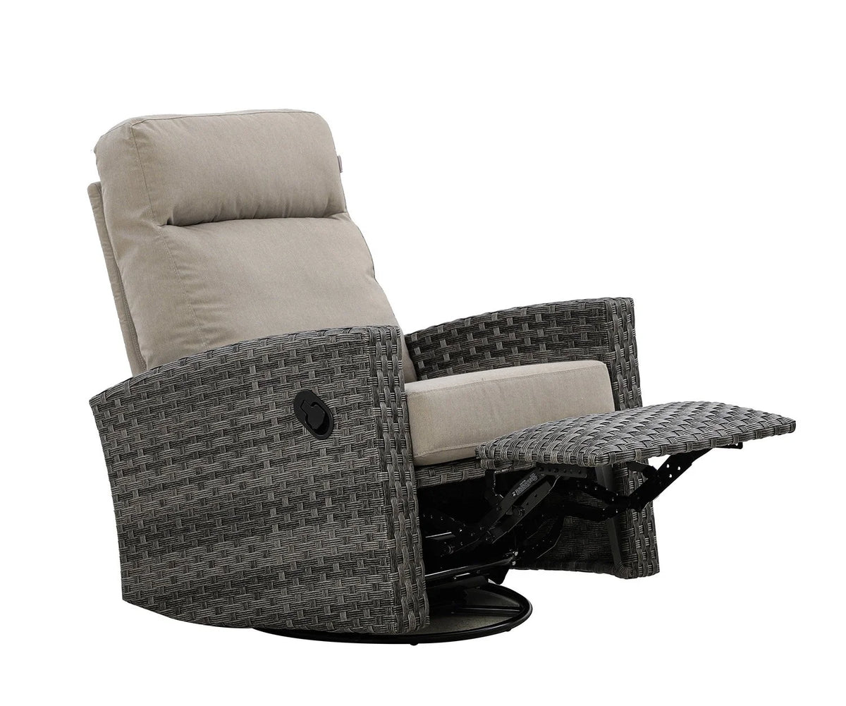 Malibu II Outdoor Wicker Reclining Console Loveseat Conversation Set with a pair of Recliners in Sunbrella® Canvas Taupe | Outdoor Set