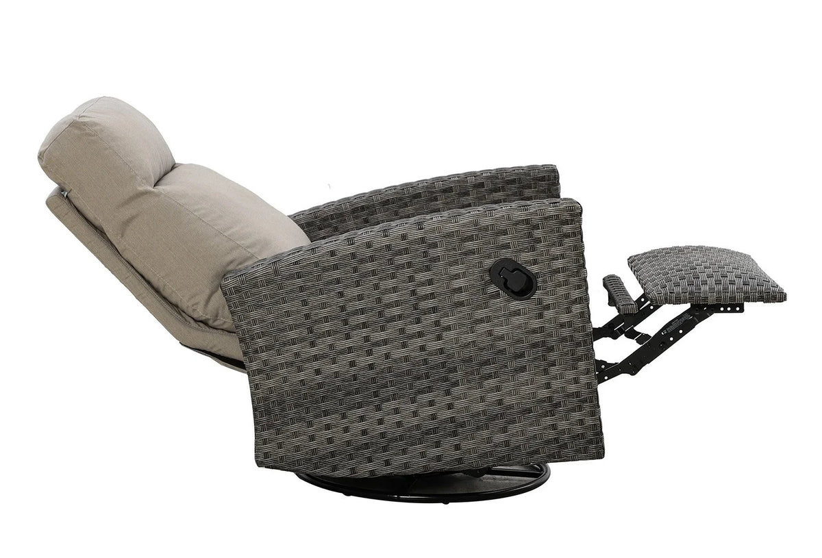 Malibu II Outdoor Wicker Reclining Console Loveseat Conversation Set with a pair of Recliners in Sunbrella® Canvas Taupe | Outdoor Set